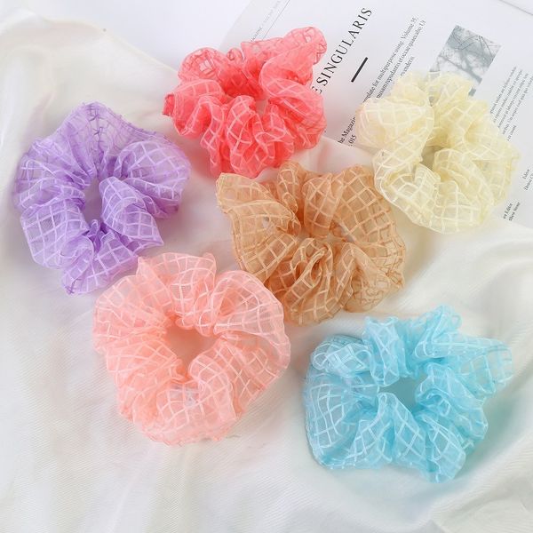 INS Ulzzang Femmes Élastique Kawaii Maille Bandes De Cheveux Cravate Gomme À Carreaux Filles Dentelle Chouchou Queue De Cheval Transparent Tulle Cheveux Accessoires sdef