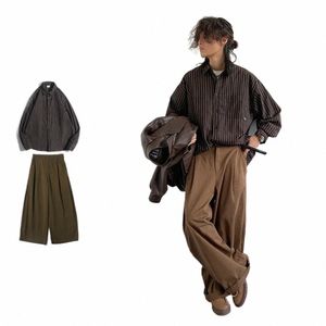 Ins Vintage Set Hommes Femmes Japonais Rayé Lâche Lg Chemise À Manches + Couleur Unie Large Jambe Casual Pantalon Droit Costume Unisexe 92aq #