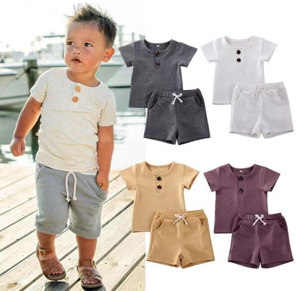 INS entier bébé enfants filles garçons enfants vêtements ensembles coton costumes à manches courtes boutons avant hauts bretelles Shorts 2 pièces Summe4769998