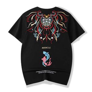 Inschao Brand Guochao Style chinois Koi broderie Coton Coton à manches courtes T-shirt Mens Fashion Fashion Grand Top