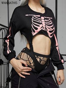 Insdoiit découpé bodySuit sexy rose crâne imprimé clubwear punk one pièce manches longues gothiques hip hop y2k skinny o cou top