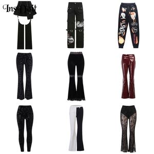 InsDoit gothique noir Punk pantalon femmes Streetwear Grunge pantalon Vintage Harajuku Patchwork dentelle velours taille haute 211115