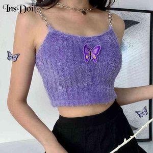 InsDoit Gothique Punk Violet Basique Débardeurs Streetwear Harajuku Papillon Broderie Crop Tops Femmes Sexy Chaîne En Métal Bretelles Tops Y220308