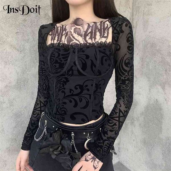 InsDoit Harajuku gothique dentelle hauts noirs soutien-gorge Vintage construire maille voir à travers haut à manches longues femmes Sexy Patchwork maigre 210720