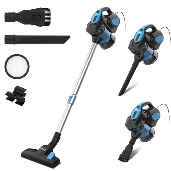 Aspiradora con cable INSE, potente aspiradora de varilla con cable de 18000 Pa con motor de 600 W, aspiradora de mano versátil 6 en 1 para pelo de mascotas domésticas --- I5 azul