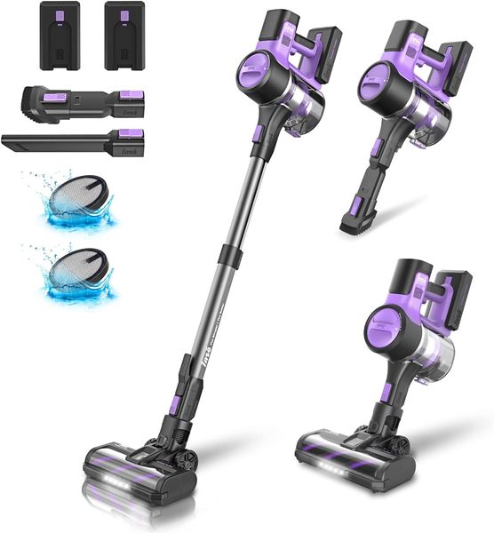 Aspirateur sans fil INSE, aspirateur à manche d'aspiration 6 en 1 26 Kpa avec 2 batteries, aspirateurs rechargeables d'autonomie maximale de 100 minutes pour sols durs à la maison ---- S10P violet