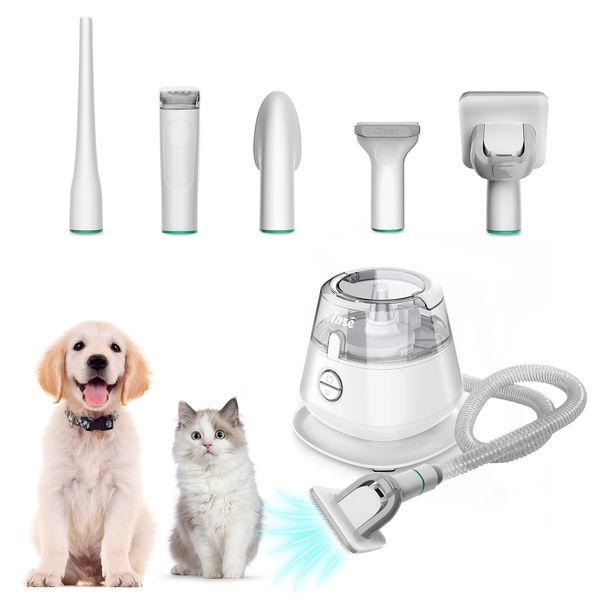 INSE Kit de aseo para mascotas Aspiradora de pelo para perros, kit de cortapelos para perros con succión 99% de pelo de mascotas, aspiradora grande con cortapelos, 5 herramientas de aseo para mascotas para desprender el pelo de las mascotas --- P20 blanco