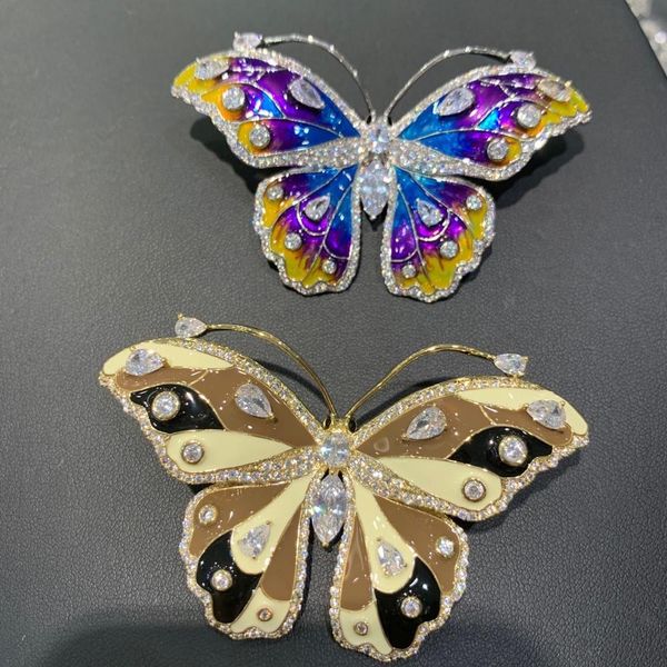 Grande broche papillon en forme d'insecte, couleur violet marron, cuivre avec zircon cubique et goutte d'huile, bijoux à la mode pour femmes