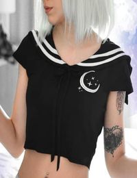 Insgoth Black Crop Top Femmes Tshirts Gothic Punk Bodycon Bandage à manches courtes Tshirts Femelle Cable imprimé Crew Streetwear Y7768014