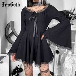 InsGoth Gothique Noir Dentelle Tirm Flare Manches Robe Harajuku Punk Taille Haute À Lacets Mini Robes E Fille Halloween Robes De Fête G1214