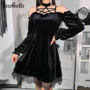 Insgoth Gothic Black Sexy Pentagram Halter Vestido Estética Punk High Cintura Alta Hombro Vendaje Mini Vestidos Vestido de fiesta de las señoras G1214