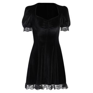 InsGoth Vintage Dentelle Robe Noire Goth Sexy Taille Haute Mini Robe Esthétique Élégant À Manches Courtes Une Ligne Robe Party Club Wear X0521