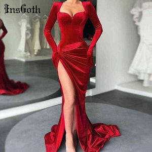 InsGoth Vintage Velvet Red Party Dress Goth Sexy Cintura alta Hendidura Vestidos de mujer Estética Elegante Manga larga Vestido de Halloween Y1204