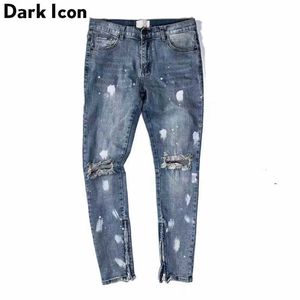 Couture intérieure Zipper Foil Paint Splatter Jeans pour hommes High Street Denim Pantalons Hommes Bleu 210603