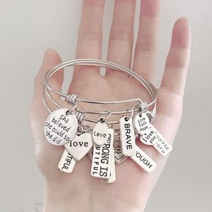 Inspiratie sieraden armbanden roestvrij staal draad Bangle legering zij geloven dappere kracht mooie genoeg bedelarmband voor vrouwen cadeau pulsa