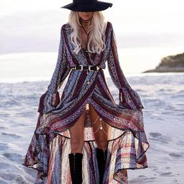 Vestido de playa inspirado Casual estampado floral sexy dividido manga larga túnica abrigo vestidos de verano hippie chic vestidos 210412