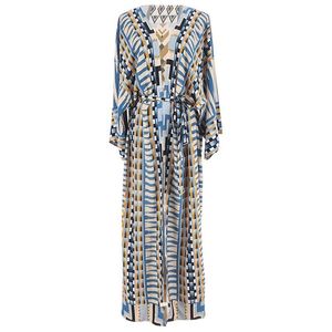 Geïnspireerd blauw geometrische print lange kimono jurk voor vrouwen zomer maxi gewaad voor strand katoenen jurk nieuwe plus size jurk 210412
