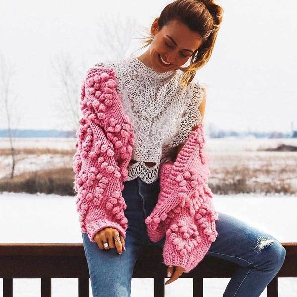 Cardigan inspiré Pompon Hand Treen Cardigan Femmes Pink Long Sleeve Top Top Femmes Coeur Modèle de forme Femme Pulls 210412