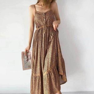 Geïnspireerd cheetah print bandjes vrouwen jurk verstelbare taille knoppen jurk vintage stijl zomerjurk nieuwe casual 210412