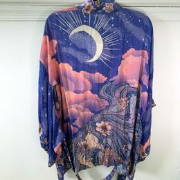 Chemisier long imprimé floral de lune inspiré pour femmes kimono manches ceinture cravate plage kimon vintage été hauts chemisiers 210412