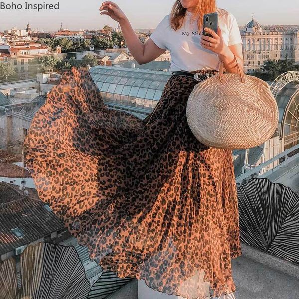 INSPIRÉ NOUVELLE jupe d'été imprimé léopard taille élastique maxi jupes pour femmes super chic jupes femmes nouveau faldas saias 210412