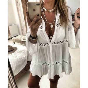 Geïnspireerd vrouwen badpak cover up mouw kaftan strand tuniek jurk wit katoen zomerjurk zigeuner chique vestidos vrouwelijke 210412