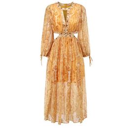 INSPIRADO floral amarillo corte cintura manga larga gasa verano playa mujer vestido bohemio 210412