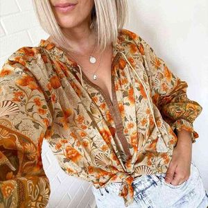 GEÏNSPIREERD gele bloemen lange mouw blouse vrouwen kwastje gebonden V-hals losse blouse voor vrouwen zomer blouses tops 210412