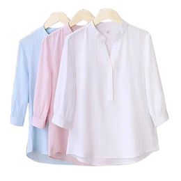 Insta demi manches chemise élégante blanc rose bouton Vintage Blouse col montant dames coton femme décontracté S3XL 240102