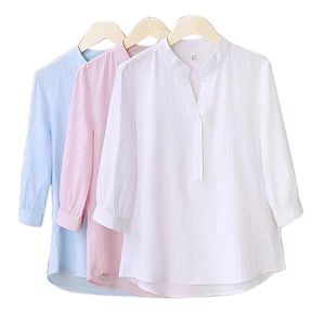 Insta demi manches chemise élégante blanc rose bouton Vintage Blouse col montant dames coton chemise femme décontracté S-3XL 240202