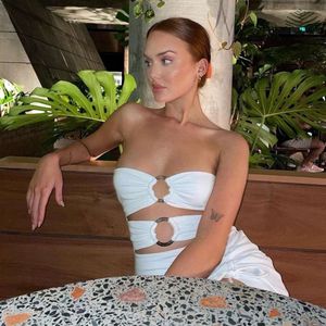Instagram 2024 Zomer nieuwe dames één schouder sexy holle hoge split gewikkeld heupjurk F5628