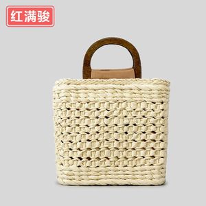 Instagram uitgeholde handgemaakte geweven tas voor dames, niche houten handvat gras geweven tas, bosstijl pastorale stijl schoudertas 240402