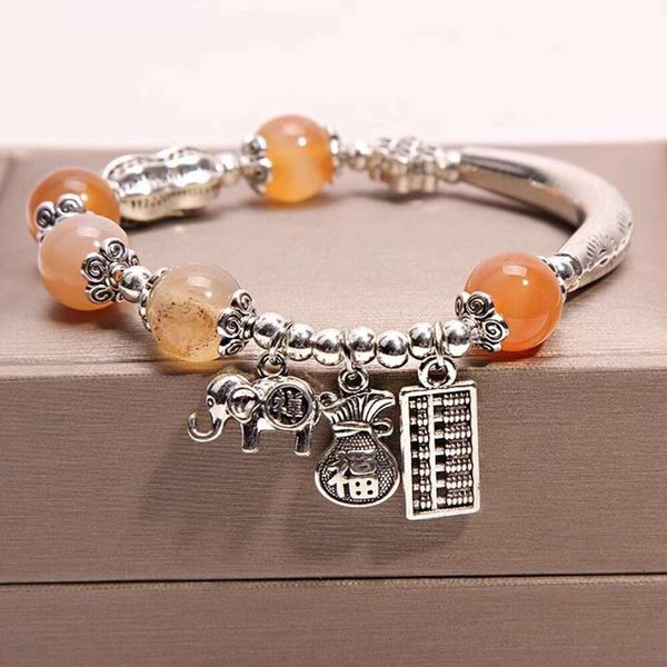 Instagram Nouveau style chinois couleur primaire agate cristal femelle éléphant argent sac pendentif petit bracelet frais bijoux