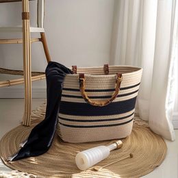 Instagram streep grote capaciteit katoen draad geweven tas nieuwe imitatie bamboe gewricht Franse tas handheld strandtas dames schoudertas