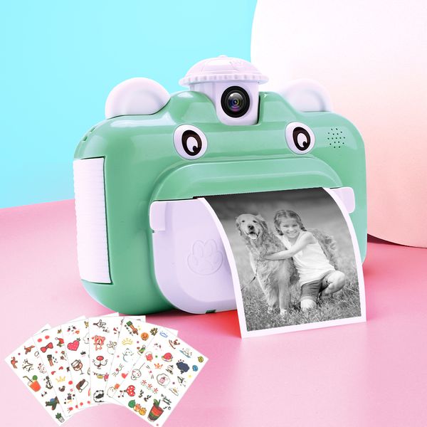 Fotocamera a stampa istantanea per giocattoli per bambini Fotocamera HD per bambini con lente girevole con adesivi a colori per carta da stampa termica LJ201105