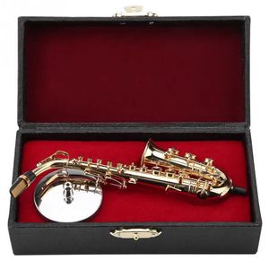 Instrument muzikaal model miniatuur altsaxofoonreplica met standaard en koffer vergulde ornamenten 240124