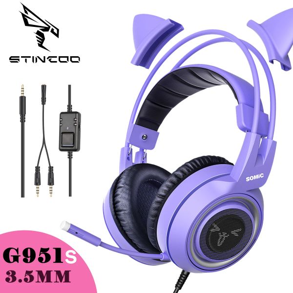 Instrument Somic Cat Ear Headphone 3,5 mm Gaming Headset with micro Noise Reduction Stéréo pour PS4 PC Téléphone Détachable Femmes Gift G951S Purple