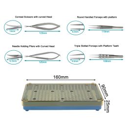 Instruments Ciseaux de microchirurgie ophtalmique, porte-aiguille, pince à épiler, boîte de plateau de désinfection, outils ophtalmiques en acier inoxydable