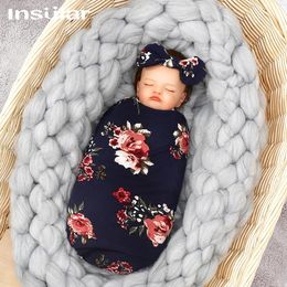 Insular 3pc geboren geprinte sjaal foetale dop haarband baby swaddling handdoek set inpak swaddle deken 240417