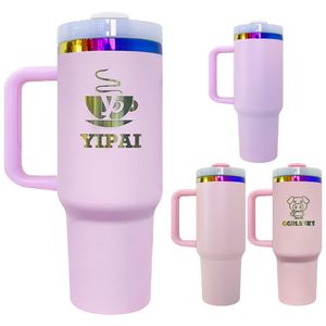 Geïsoleerde dubbelwandige roestvrijstalen waterfles, gepoedercoat roze paars regenboog verguld H2.0 40oz quencher-tumbler met handvat voor lasergravure, verkocht per doos