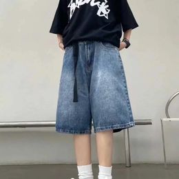 Intage Cityboy American Street Vintage Blue Wash Denim Shorts Mens Mens Summer Loose Casual Belt Design Wide Jam Quarter Pants 240410