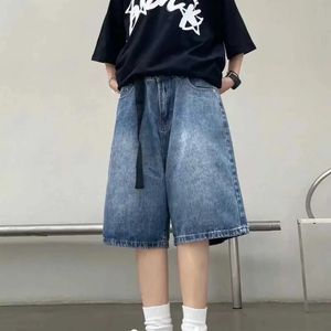 Intage Cityboy American Street Vintage Blue Wash Denim Shorts Mens Mens Summer Loose Casual Belt Design Wide Jam Dart Quarter Pants 240409