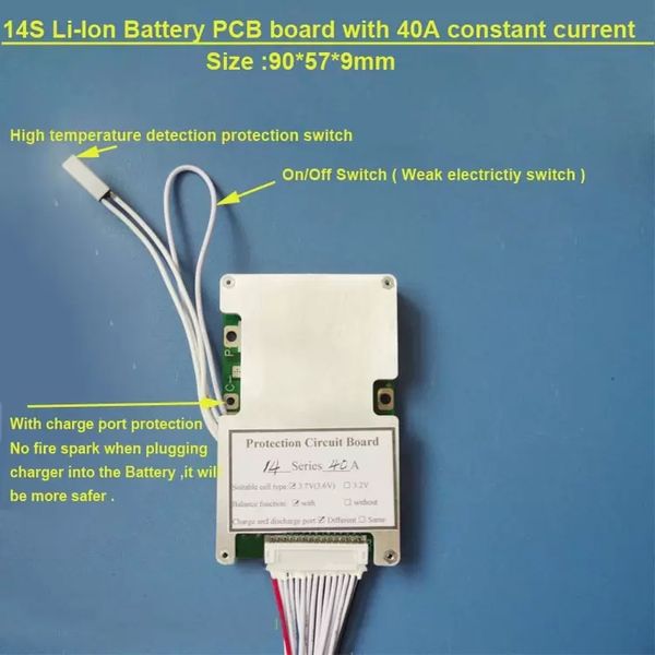 Circuitos integrados Placa PCB de batería de litio de 58,8 V 14S con corriente constante de 40 A para scooter eléctrico Li ion o Lipo 48 V BMS con interruptor