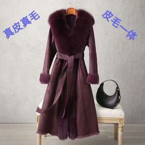 Chaqueta integrada para mujer auténtica, longitud media, nueva piel de zorro de invierno, chaqueta de cuero Haining, abrigo de piel 2964, 2023