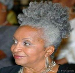 Extension de cheveux gris pour femmes intellectuelles, gris argenté, afro bouffée, crépus bouclés, avec cordon de serrage, queue de cheval à clipser en vrais cheveux 9355859