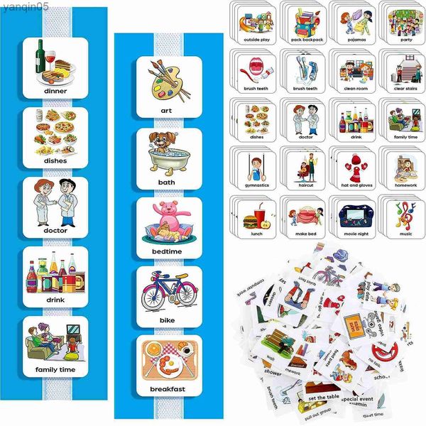 Intelligence 133 Calendrier visuel de routine quotidienne Tableau des tâches ménagères Matériel d'apprentissage de l'autisme Planificateur mural pour enfants avec cartes de fond bleu 139 points à crochets et boucles 23830