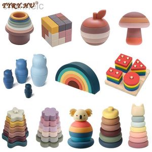 Intelligence toys 1Set Soft Building Blocks Silicone Stacking Baby Toy Round Shape Construction Rubber Teethers Montessori