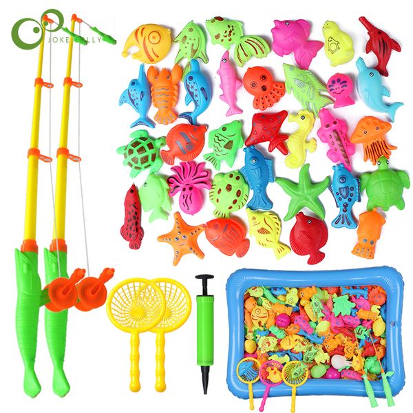 Jouets d'intelligence 56pcs Ensemble de jouets de pêche pour enfants Jouer à l'eau Jouets pour bébé Tige magnétique et poisson avec piscine gonflable Jouets de sport en plein air pour enfants 230412