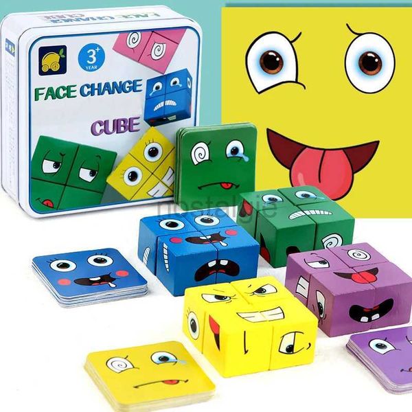 Juguetes de inteligencia Cubo que cambia de expresión facial, juegos de mesa, juguetes educativos de madera Montessori para padres e hijos, bloques interactivos de lógica de pensamiento 24327