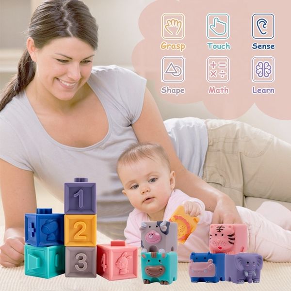 Jouets d'intelligence Bloc de construction en silicone bébé saisir jouet 3D toucher main balle douce bébé massage en caoutchouc bébé jouets d'enfants empilant jouet pour 1-3 ans 230919